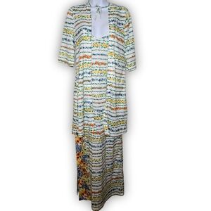 Floral Striped Maxi Dress Night Gown Slip Robe Set in White and Multi